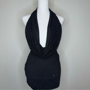 NWOT - Sequin Plunge Black Halter Dress